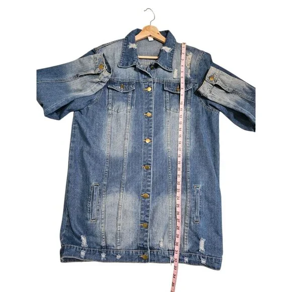 Womens XXL Longline Distressed Denim Jacket Blue Wash Button Front Pockets Y2K - Picture 6 of 7